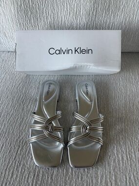 Calvin Klein Tianela Metallic Silver Knot Strappy Heels